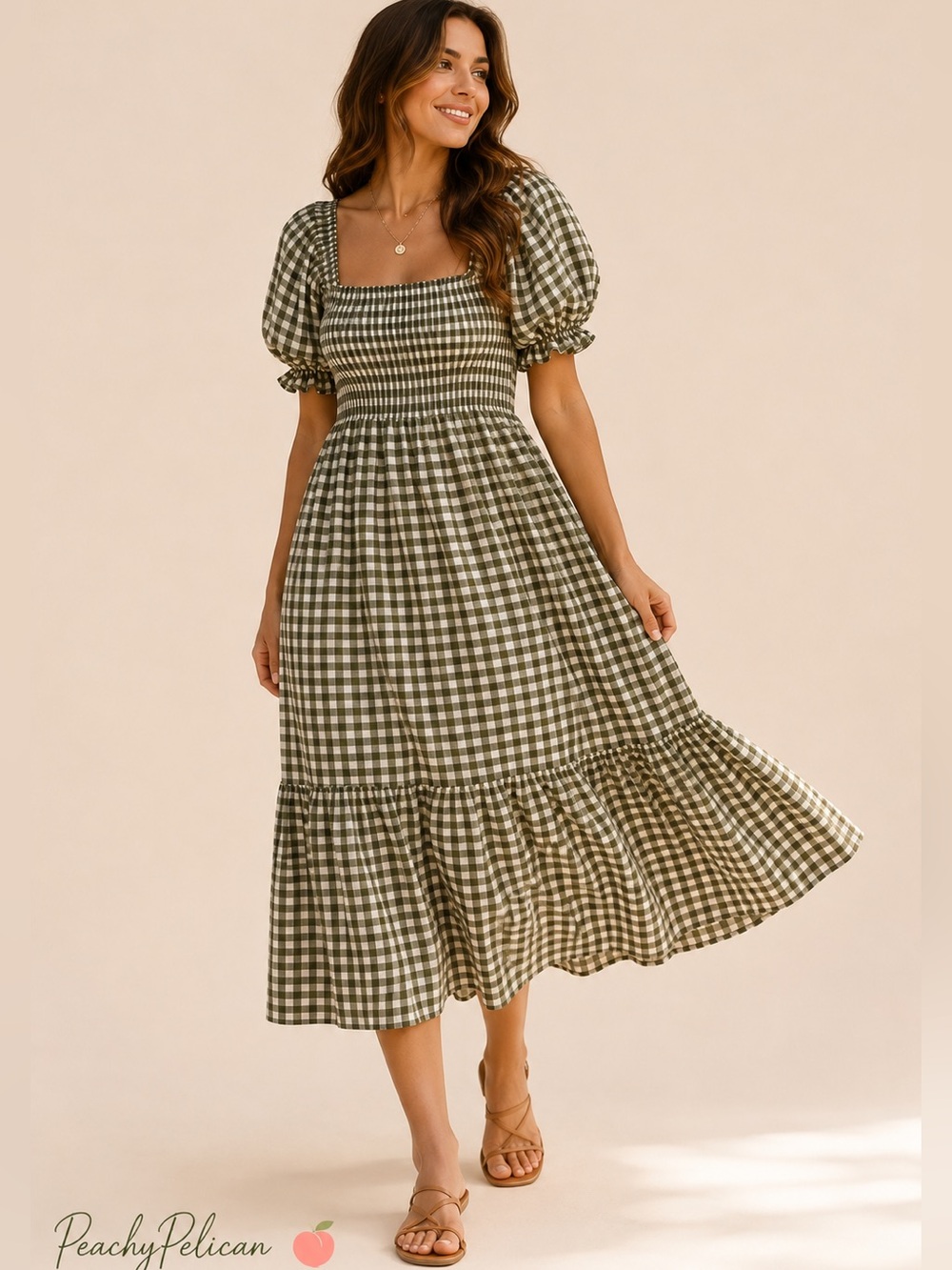 Elloh Gingham Smocked Midi Dress Large Olive Green Puff Sleeve Cottagecore